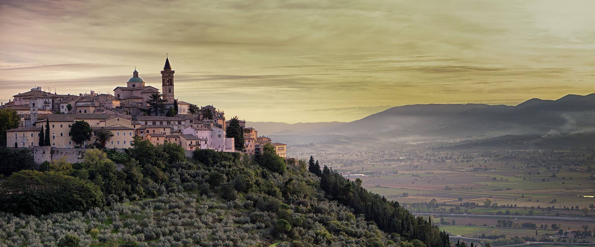 Medieval hilltop town of Umbria at golden hour