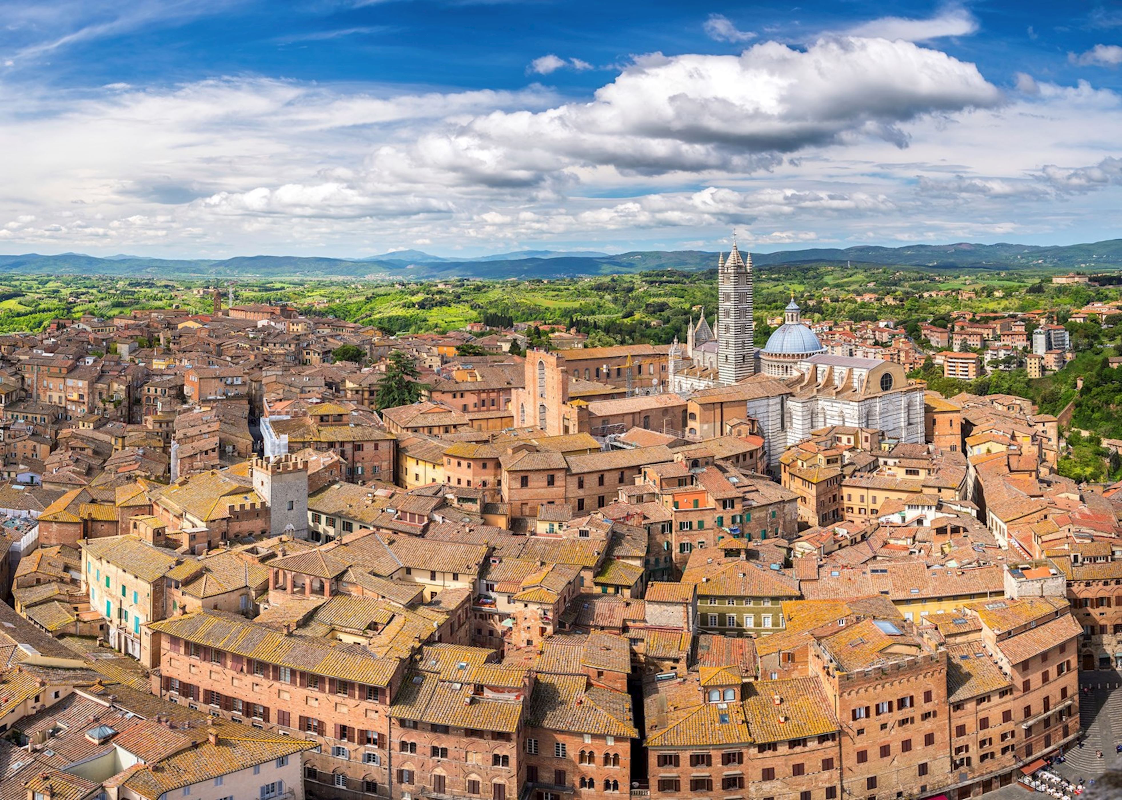 Aerial view of Siena, Tuscany — terracotta rooftops and the Gothic cathedral