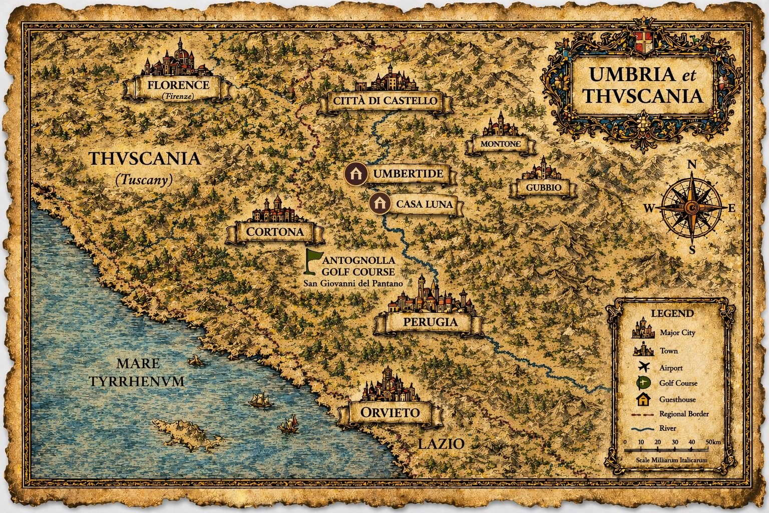 Illustrated heritage map showing Casa Luna Guesthouse in Umbertide, Umbria, with surrounding towns including Montone, Gubbio, Perugia, Cortona, Orvieto, and Florence